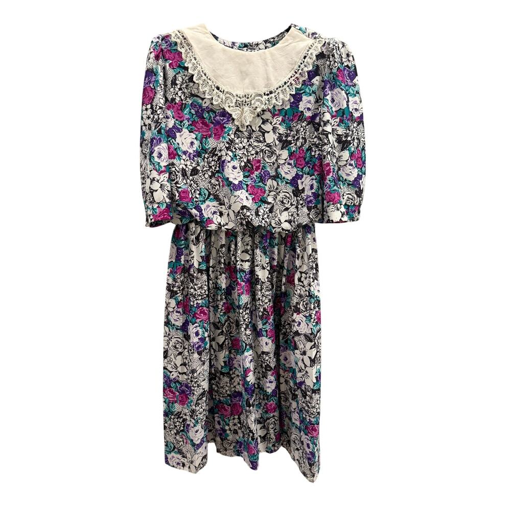 VTG 80s Floral Dress Romantic Cottagecore Lace Collar Waist 3/4 Sleeve Pullover - Picture 1 of 6